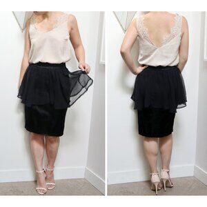 Vintage 90s Black Satin Pencil Skirt w/ Sheer Chiffon Overlay, Women's XS Work
